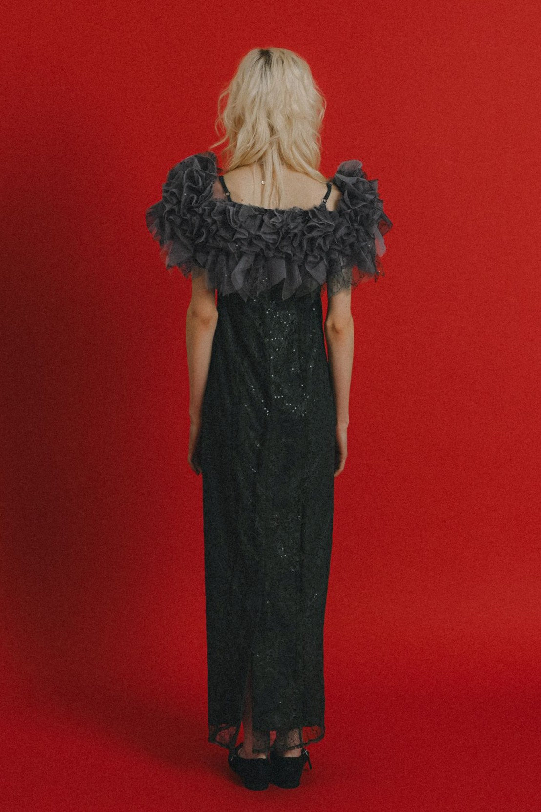 1087 Noir glitter off shoulder dress