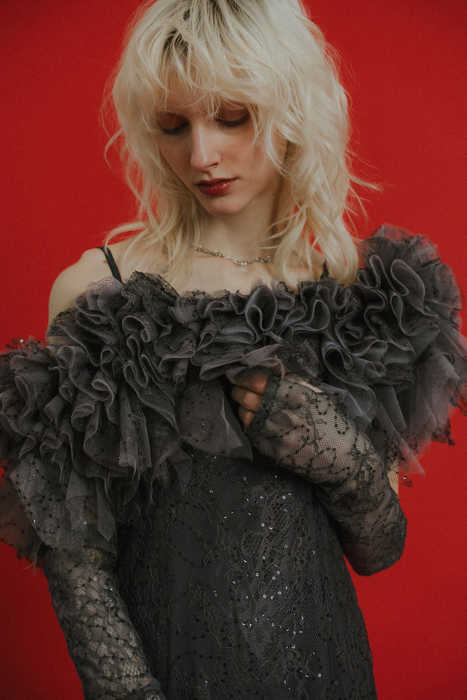 1087 Noir glitter off shoulder dress