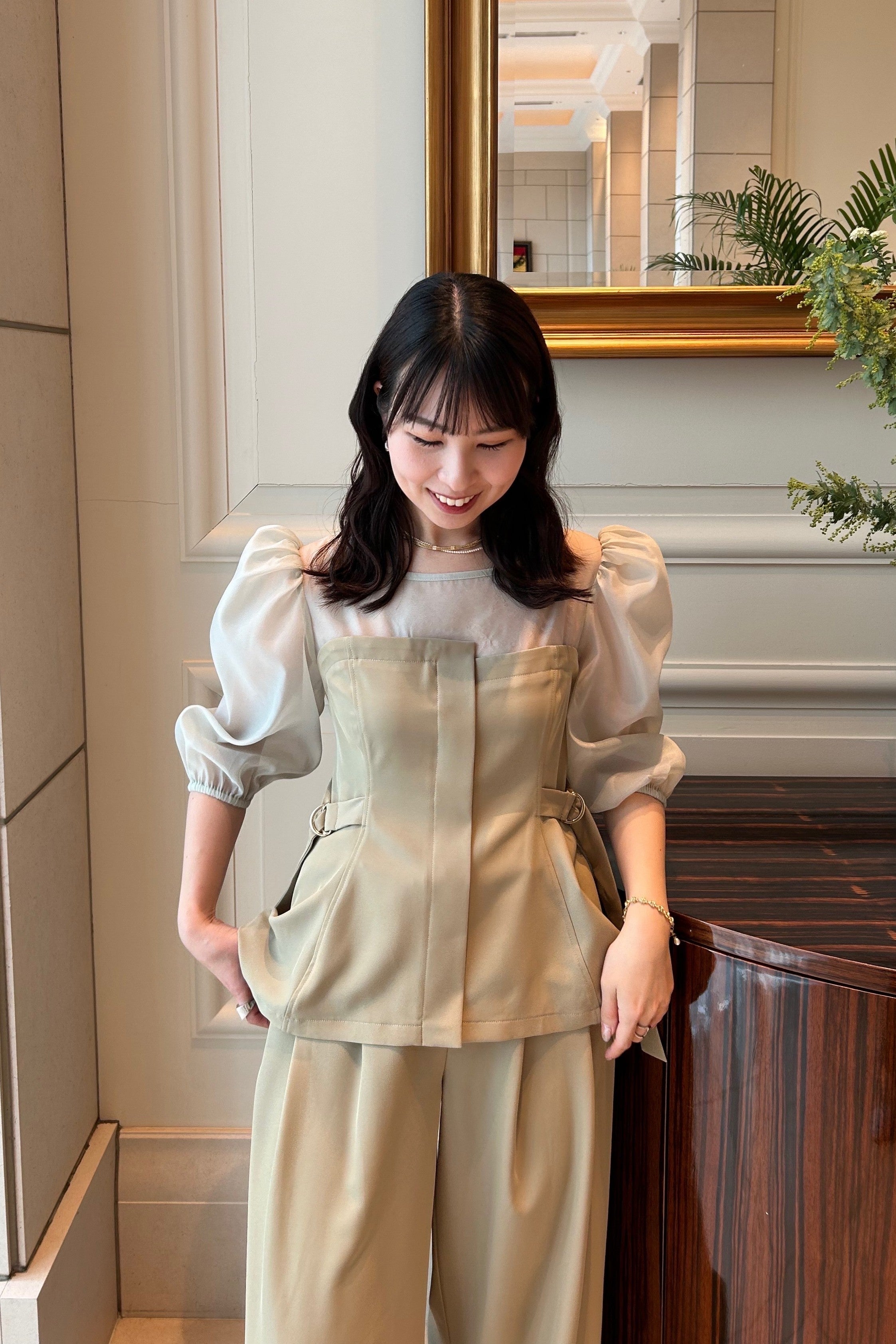 159cm/骨格ウェーブ　Lサイズ/ベージュ着用