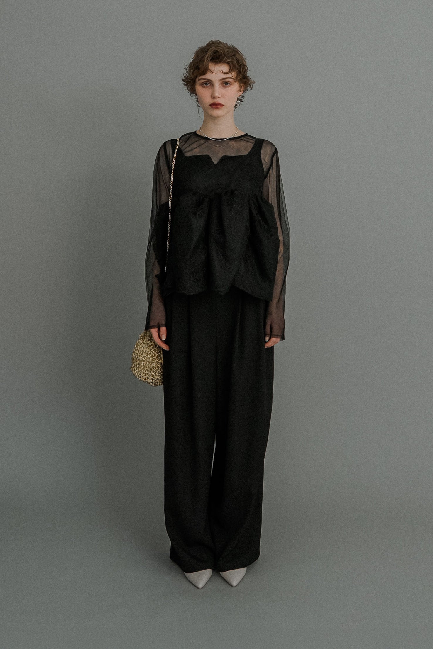1039 Sheer Peplum Overlay Top＆Pants