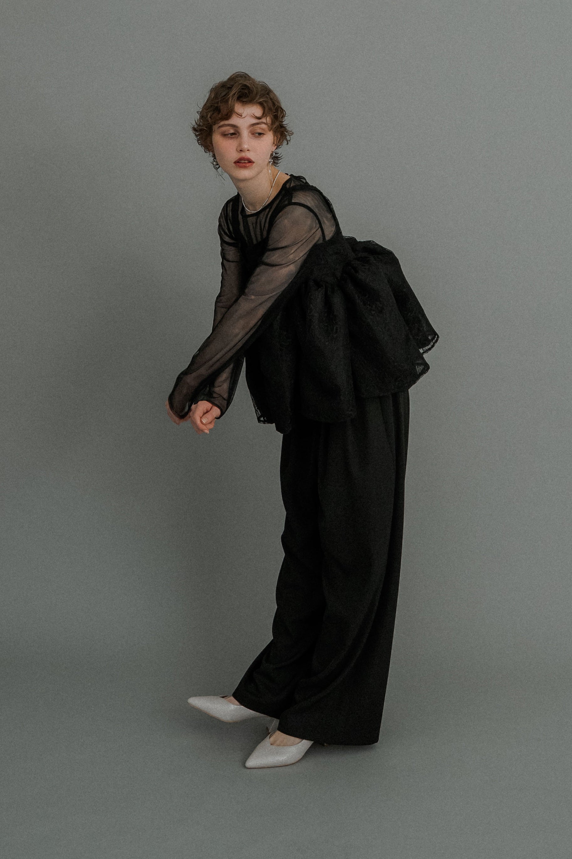 1039 Sheer Peplum Overlay Top＆Pants