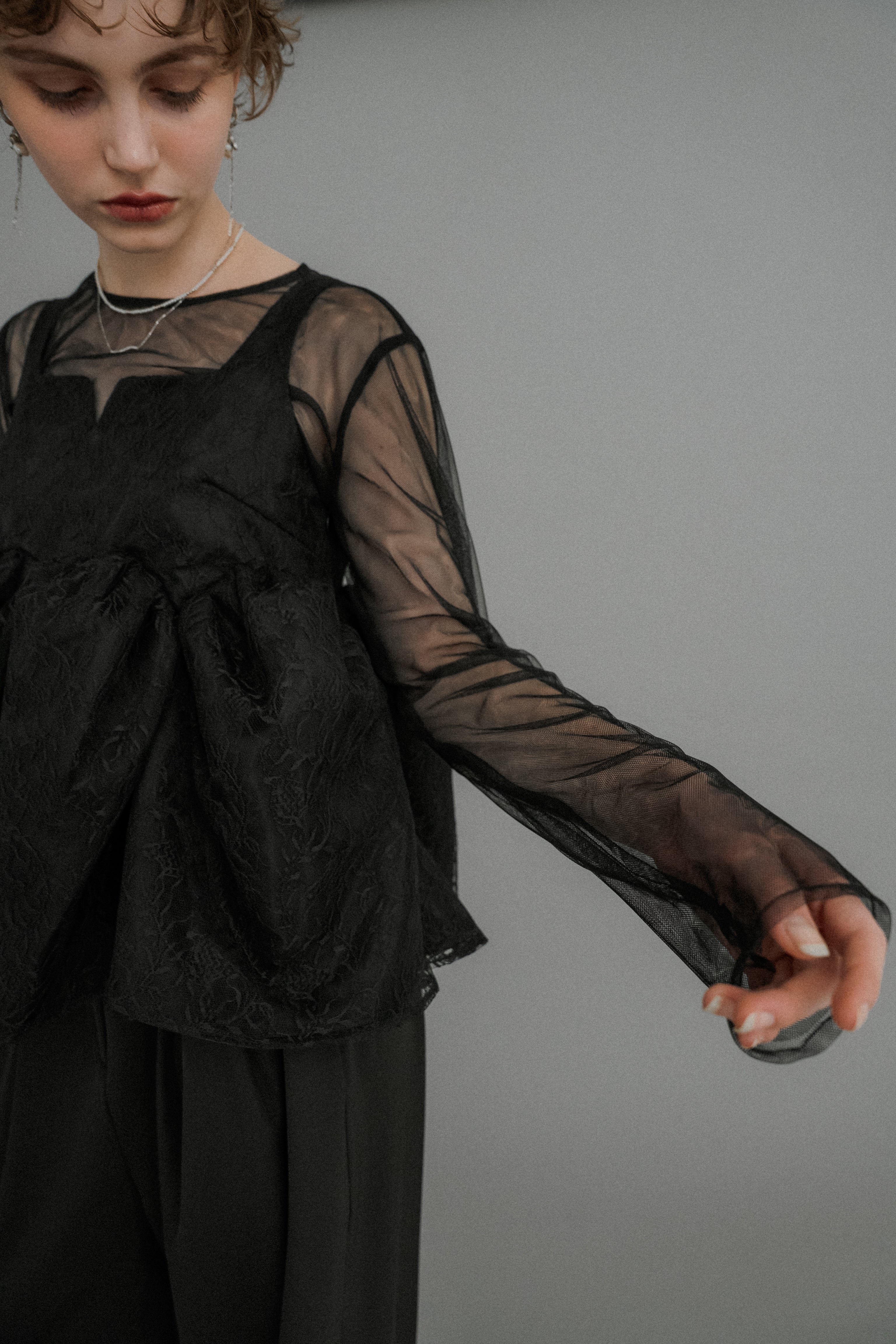 et.UNiVER Sheer Peplum Overlay Top＆Pants et.UNiVER │1039 Sheer Peplum Overlay Top＆Pants – et.UNiVER