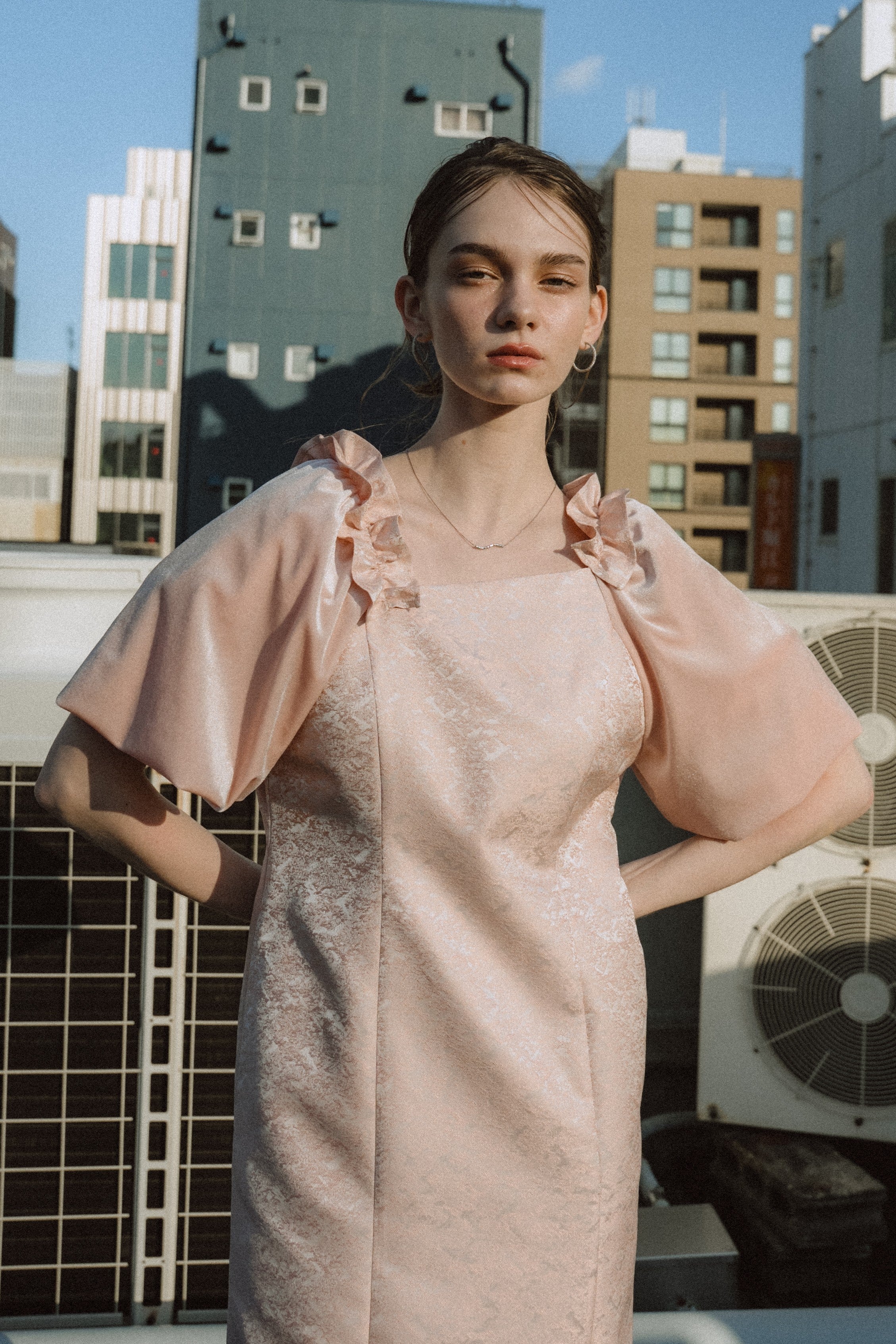 1047 Puff-sleeve Jacquard Dress