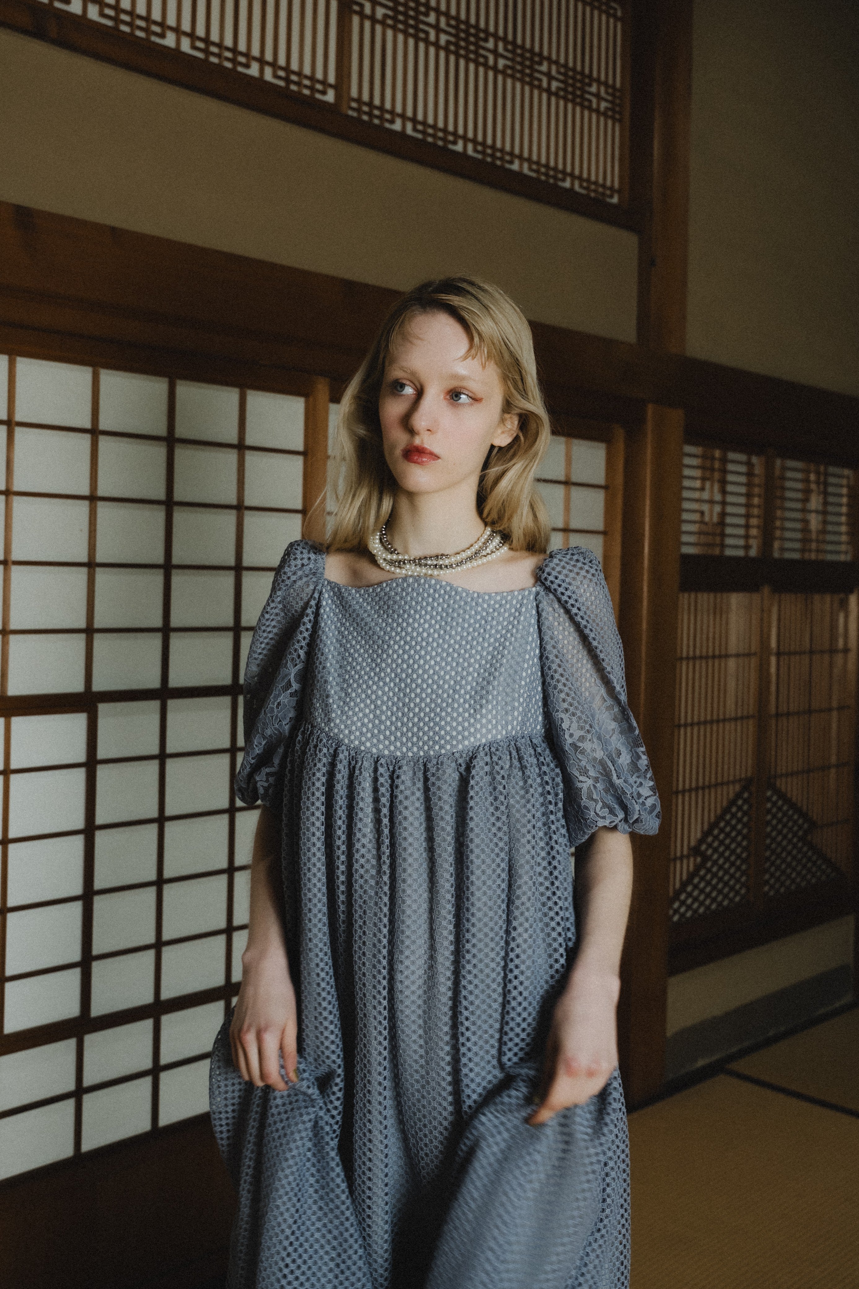 1114 Sheer Gingham Lace Dress